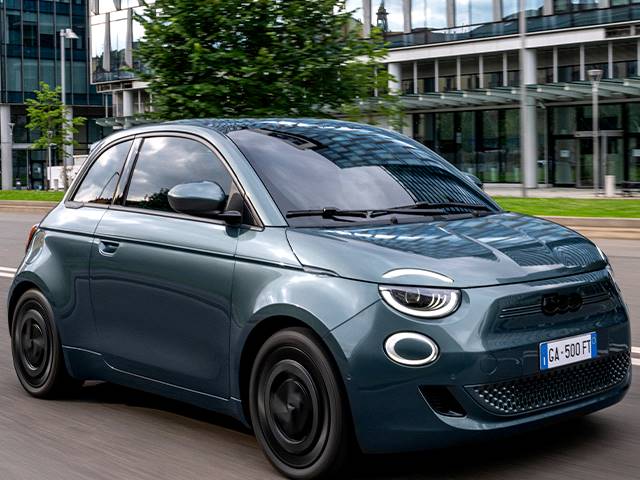 2026 FIAT 500e front-facing, side angle cropped car colored image